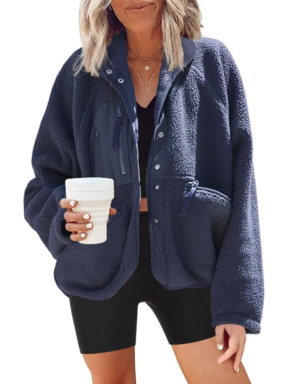 Womens Fuzzy Fleece Jacket Button Down Sherpa Jacket
